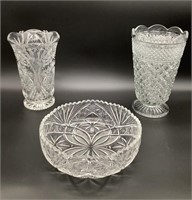 Glass / Crystal(?) Bowl & Vases Lot