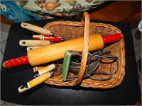 Vintage utensils- red handled rolling pin in