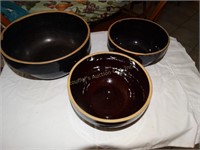 3 Brown glazed mixing bowls 1 marked 8" USA,