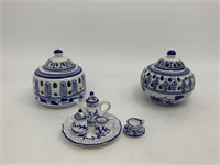 Lot of Blue & White Votive Vases & Mini Tea Set