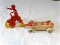 Vintage toy race car & boy on tricycle marked