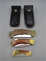 (3) Wood & Brasss Pocket Knives plus 2 Sheaths