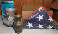 box lot - Roseville vase (chipped); US flag; brass