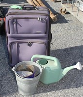 suitcase, watering can, galv. bucket