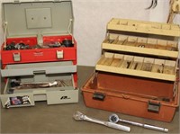 (2) plastic tool chests with drills, hole saw kit;
