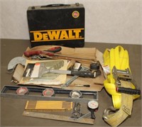 flat lot of tools including level; saws; folding