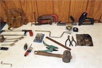 box of assorted tools & hardware including