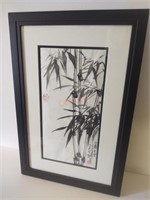 Signed Oriental framed bamboo painting