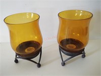 Pair of Amber glass candle holders