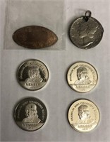 Various coins. Pressed penny, necklace pendant,
