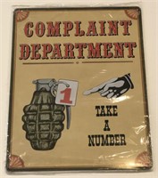 Complaint department sign. L 12 in, H 15 in.