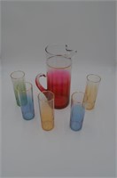 Gold Overlay Pitcher & 5 Glasses