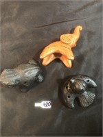 Clay Elephant, Bird, and Frog Figurines