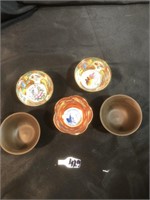 Two Japanese Stone Sake Cups and Three Porcelain