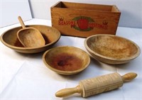 Wooden Bowls, Crate, Scoop, & Rolling Pin