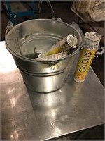 Metal pail, leather gloves, grease tubes