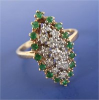 14K Gold Ring w/Emeralds & Diamonds-4.7g Sz 7 3/4