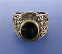 Sterling Silver Ring w/Onyx Stone &Marcasites-5.1g