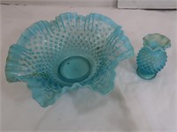 2 Vintage Hobnail Pieces-Light Blue Fruit Bowl