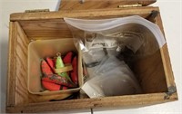 Wood Box Of  Fishing Weights, Hooks, Misc