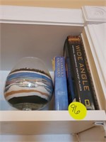 WIDE ANGLE BOOK AND GLASS CONTENTS OF SHELF