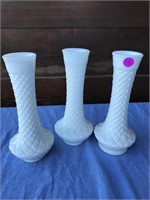 3 Matching Milk Glass Vintage Vases