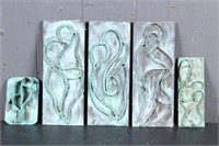 5 Verdigris Bronze Art Panels Stamped Pas