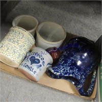 Blue spongeware pitcher, Cresco IA crock,