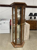 Wood & Glass Curio Tower, Lighted, Back Mirror,