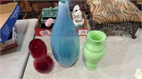 3 ART GLASS VASES, TALL ONE IS 16" TALL