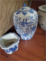 2pc Blue/ White Ceramic Vase W/ Lid, Planter