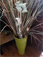 Green Vase W/ Artificial Flowers, Greenery