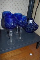 BOHEMIAN 5 GLASSES AND ETCHED BASKET