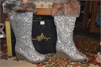 SIZE 9 MEDIUM SILVER SEQUIN AND FAUX FUR BOOTS
