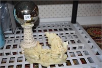 SOAPSTONE CARVED FIGURE AND MINATURE GAZING BALL