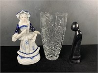 Glazed Ceramic Figure, Cut Glass Vase & Kenya Fig