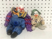 Two Vintage Porcelain and Fabric Clown Dolls