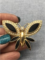 Black and Gold Butterfly Pin with Rhinestones