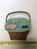 Wood Basket with painted teal lid and pink flower