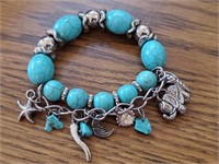 Charm Bracelet, Silvertone, Blue Beads