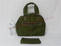Green Suede Handbag / Purse w Zipper Pouch