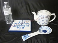 Blue & White Trivet, Spoon Rest & Tea Pot