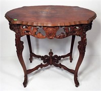 Walnut Shaped Wood Victorian Table, heavily carved