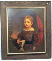 Oil Painting on Canvas, "Boy with Dog", oak frame