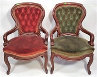 Pair Dark Oak Arm Chairs, finger carved, tufted