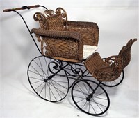 Wicker Baby Carriage, wire spoke wheels, iron
