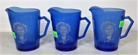 3 Shirley Temple Creamers, blue glass - 4.5"T