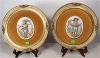 Pair Gold Framed China Plaques, 12" round frames,