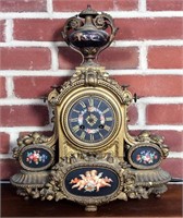 Brass Mantle Clock - French gilt, painted ovals, "