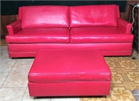 Red Vinyl Sofa & Ottoman, 2 cushion, tear under